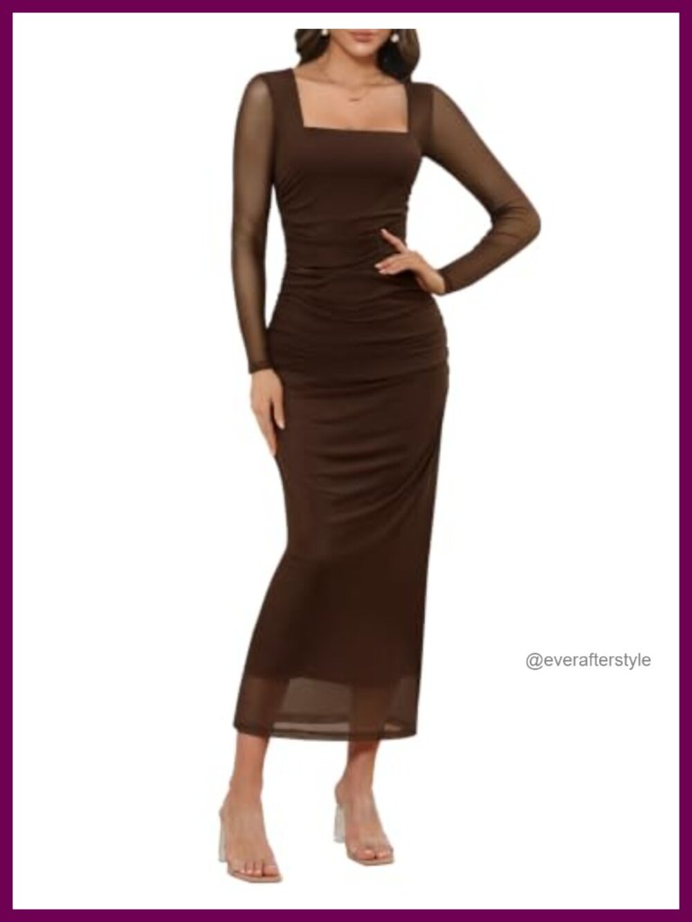 Women's Sheer Mesh Bodycon Ruched Long Sleeve Midi Dress Square Neck